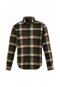 Flanellhemd in grünem, braunem und beigem Karomuster. Verfügt über lange Ärmel, eine durchgehende Knopfleiste und zwei Brusttaschen. Strukturierter Stoff.