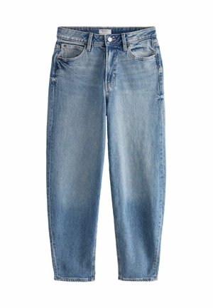 Lichtblauwe high-rise rechte spijkerbroek met vijf zakken en knoopsluiting, afgebeeld tegen een witte achtergrond.