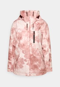 Rosa Batik-Jacke mit einer zipped Brusttasche, zwei Fronttaschen, verstellbarem Kapuze und kontrastierenden Hardware-Details. Weicher Stofftextur.