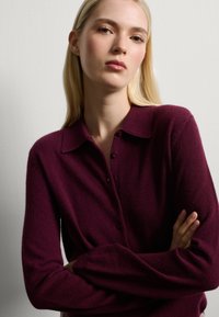 Cardigan lavorato a maglia color borgogna con collo a camicia, chiusura a bottoni e maniche lunghe, presenta un tessuto morbido e texturizzato.