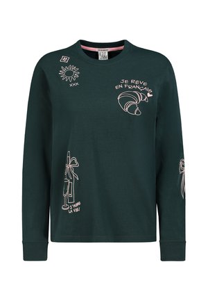 Dunkelgrünes Langarmshirt mit pinkfarbenem französischem Text und Linienzeichnungen von Croissant, Sonnenblume und Champagnergläsern auf Vorderseite und Ärmeln.