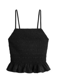 Crop top noir sans manches avec bretelles spaghetti, texture smockée et ourlet à volants.