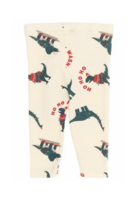 Rücskös krémszínű leggings, vidám kialakítással, amelyen színes dinók ünnepi öltözetben és a "Ho Ho Ho" felirat szerepel.