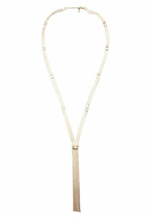 Long gold chain necklace with multiple thin strands and a tassel pendant hanging from the center end.