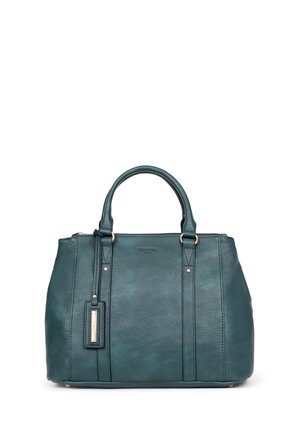 Donkergroene leren handtas met dubbele handvatten, goudkleurige hardware en een hangend rechthoekig label aan de voorzijde links.