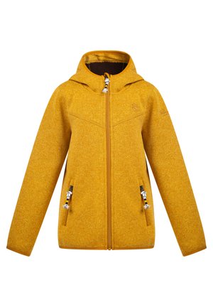 Gelbe Kapuzenjacke aus strukturiertem Stoff mit Reißverschluss, ausgestattet mit zwei Seitentaschen und dekorativen Kordeldetails.