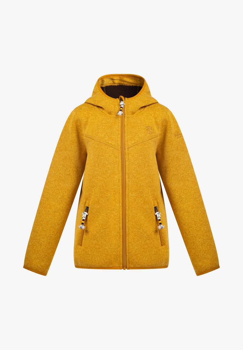Veste à capuche jaune en textile texturé avec fermeture éclair, dotée de deux poches latérales et de détails décoratifs en cordon.