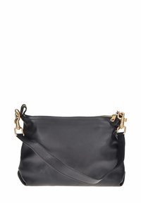 Borsa a tracolla nera in pelle con una finitura testurizzata, dotata di una cerniera dorata, tracolla regolabile e un unico scomparto per riporre oggetti.