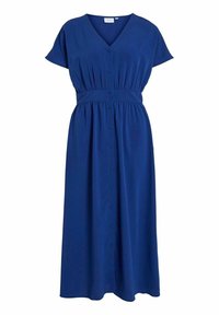 Modrá, volná šaty na knoflíky s krátkým rukávem a výstřihem do V. Elastický pas pro zvýraznění siluety. Hladká textura látky.