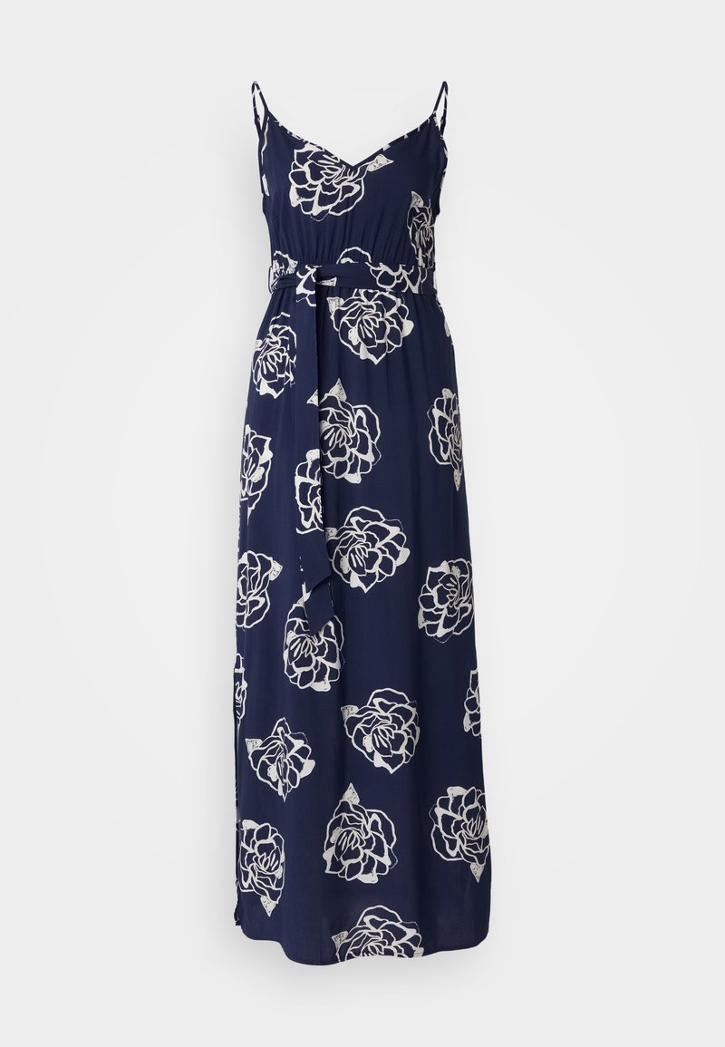 Robe maxi marine avec un motif floral blanc, bretelles spaghetti, décolleté en V et une ceinture à nouer à la taille ; tissu léger, coupe décontractée.
