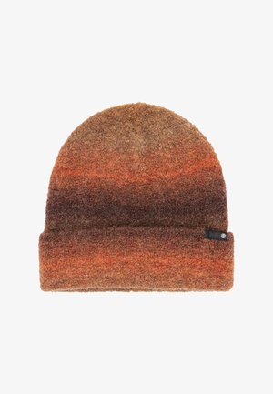 Brown and orange gradient knit beanie with a textured fuzzy fabric and folded brim, featuring a small black fabric tag on the side.