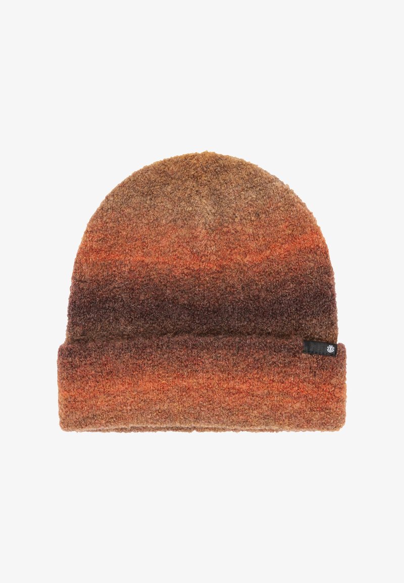 Brown and orange gradient knit beanie with a textured fuzzy fabric and folded brim, featuring a small black fabric tag on the side.