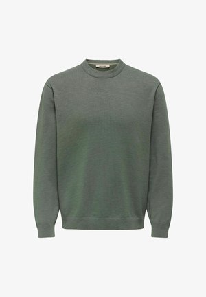 Grøn pullovertrøje med rund hals, lange ærmer samt ribbede manchetter og kant. Fremstillet af blødt, struktureret stof med en glat overflade.