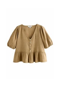 Brown, textured, woven blouse with a V-neck, short puff sleeves, and a flared hem, featuring decorative buttons at the front.