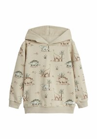 Beige hoodie med dinosaurmönster i dämpade färger, med kängurufickor och ribbade muddar. Tillverkad av mjukt, andningsbart tyg.