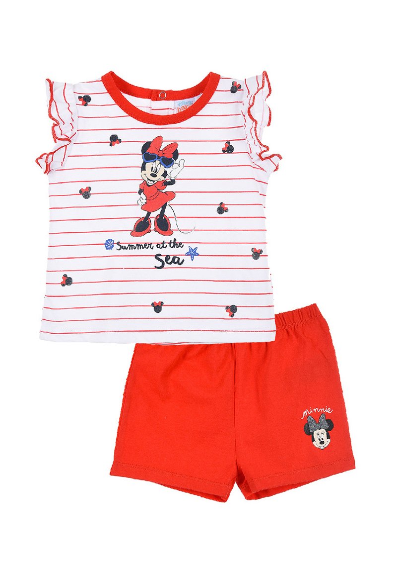 Conjunto de pijama de mangas cortas a rayas rojas y blancas que incluye mangas con volantes, un gráfico de Minnie Mouse y pantalones cortos rojos lisos con detalle de logo.