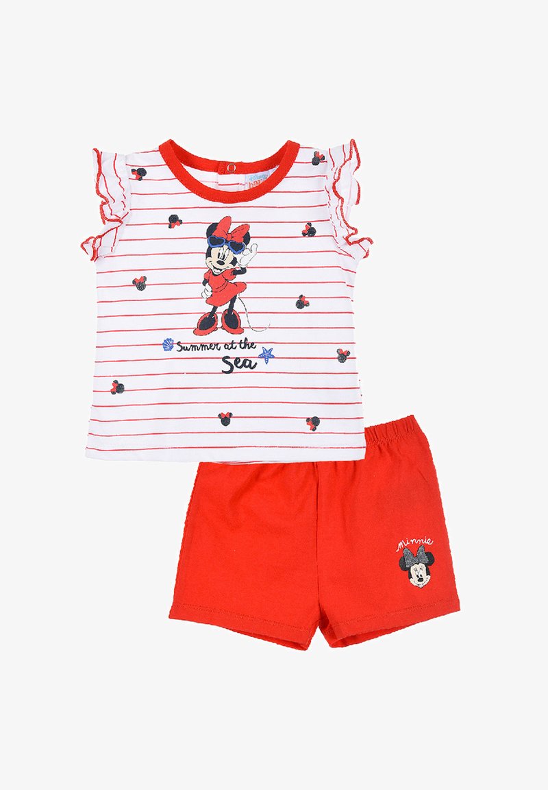 Conjunto de pijama de mangas cortas a rayas rojas y blancas que incluye mangas con volantes, un gráfico de Minnie Mouse y pantalones cortos rojos lisos con detalle de logo.