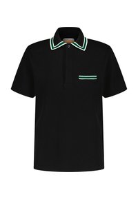Zwarte geribbelde polo shirt met een twee-knops sluiting, gestreepte groene en witte kraag, en een klein voorvak met een bijpassende streepdetail.