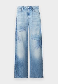 Jeans de mezclilla de pierna ancha en azul claro con un estampado floral en acuarela a los lados. Presenta un diseño clásico de cinco bolsillos y un cierre de botón.