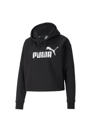 Haut cropped noir en tissu doux, avec un logo PUMA blanc sur le devant et une capuche à cordon avec des poignets côtelés.