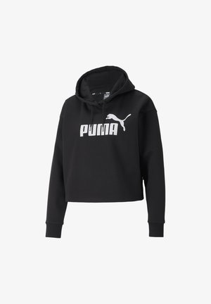 Sudadera corta negra hecha de una tela suave, que presenta un logotipo blanco de PUMA en la parte frontal y una capucha con cordón y puños acanalados.