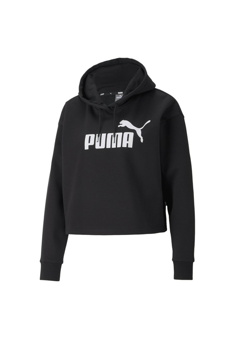 Felpa cropped nera realizzata in tessuto morbido, con un logo PUMA bianco sul davanti e cappuccio con coulisse e polsini a coste.