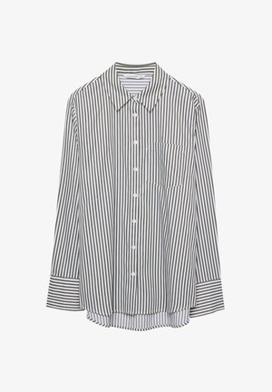 Randig skjortblus med vertikala olivgröna och vita ränder, lång ärm, krage och en bröstficka.