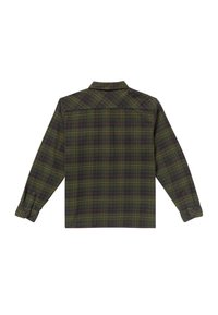 Camisa de cuadros en verde oscuro, con mangas largas, puños abotonados y dobladillo recto. Tejido suave con un patrón de cuadros en tonos más oscuros.