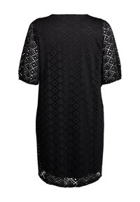 Vestido negro con mangas cortas, que presenta un delicado patrón de corte láser. Corte holgado, escote redondeado y dobladillo que cae justo por encima de la rodilla.