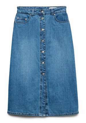 Jupe midi en denim bleu avec fermeture à boutons à l'avant, passants pour ceinture, deux poches avant et une petite poche à monnaie côté droit.