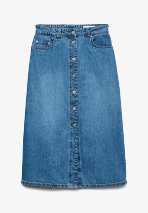 Blue denim midi skirt with front button closure, belt loops, two front pockets, and a small coin pocket on the right side.