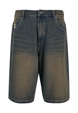 Tumši zili džinsu šorti ar izbalinātu apdari. Iekļauj pogu aizdari, piecas kabatas un kontrastējošas šuves. Vidēja garuma līdz augšstilbam.