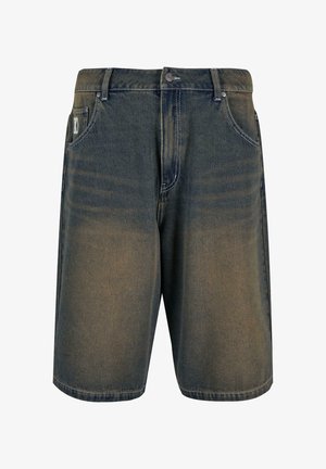 Jeansowe szorty w ciemnoniebieskim kolorze z wyblakłym wykończeniem. Posiadają zapięcie na guzik, pięć kieszeni oraz kontrastowe przeszycia. Długość do połowy uda.