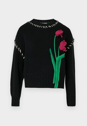 Suéter preto tricotado com um design cropped, apresentando tulipas bordadas em verde e rosa e costura contrastante em creme ao longo da gola.
