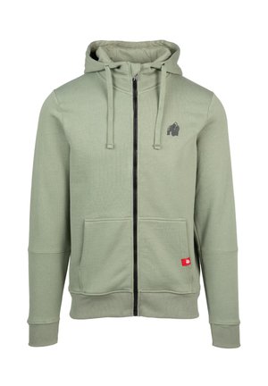 Hooded zip-up sweatshirt in gedempt groen katoenmix. Voorzien van voorzakken, ribgebreide manchetten en een zwart logo-accent op de borst.