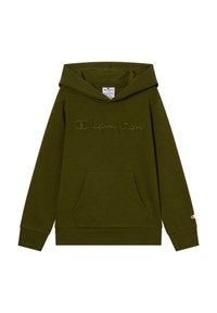 Felpa con cappuccio verde oliva, con tasca frontale, logo "Champion" ricamato e polsini a coste. Tessuto morbido, design casual.