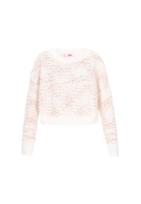 Häkelpullover in Weiß und Hellrosa, mit weitem Ausschnitt, langen Ärmeln und cropped Passform, mit strukturierten Mustern.