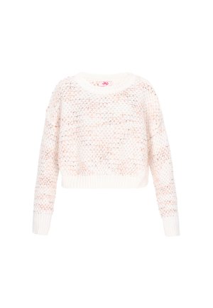 Pull en crochet blanc et rose pâle, avec un décolleté large, des manches longues et une coupe courte, présentant des motifs texturés tout au long.