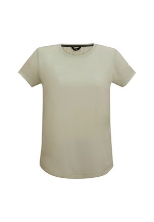 Camiseta de manga corta color beige claro con cuello redondo, dobladillo ligeramente redondeado y etiqueta interior negra en el cuello, mostrada sobre fondo blanco.