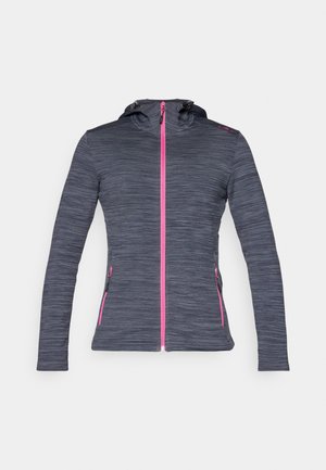 Dark gray zip-up jacket with a hood, featuring pink zipper and accents, long sleeves, and a textured pattern on the fabric.