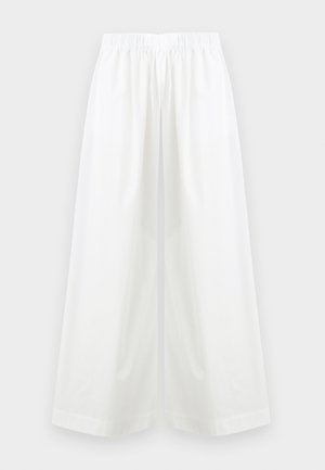 Pantalon blanc à jambes larges avec taille élastique et plis subtils, présenté à plat sur un fond clair.