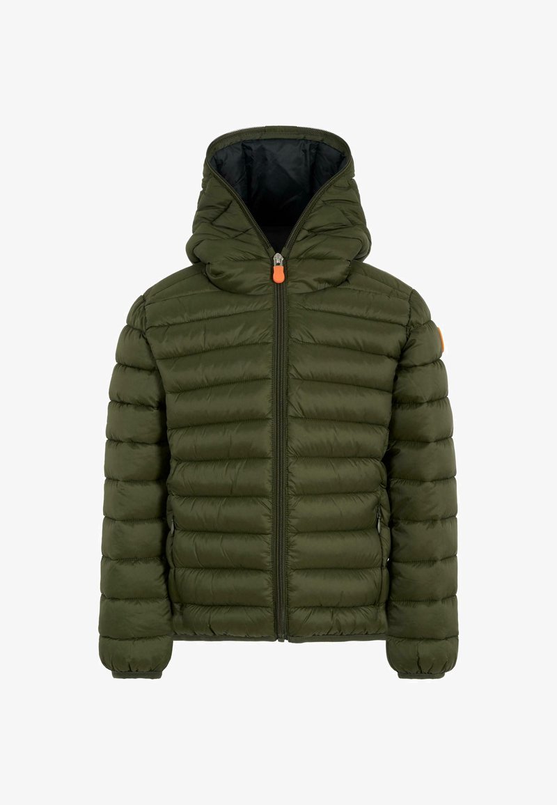 Giacca imbottita verde oliva con cappuccio, design a righe verticali, zip frontale con tirante arancione e tasche laterali.