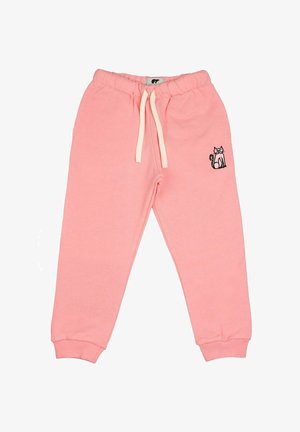 Różowe bawełniane spodnie dresowe z elastycznym paskiem w talii, z regulowanym sznurkiem i mankietami po bokach. Posiadają mały haftowany wzór kota na lewej udzie.