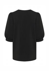 Svart topp med kort ärm och rundad halsringning, med puffärmar och avslappnad passform, tillverkad av ett mjukt, lätt tyg.