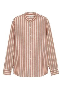 Camisa de manga larga a rayas en óxido y crema. Presenta un cuello tipo banda, botones frontales y mangas con puños que tienen rayas en contraste.