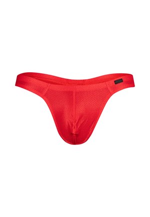 Red thong underwear made of textured fabric, featuring a low-rise design and a narrow waistband. No visible hardware or patterns.