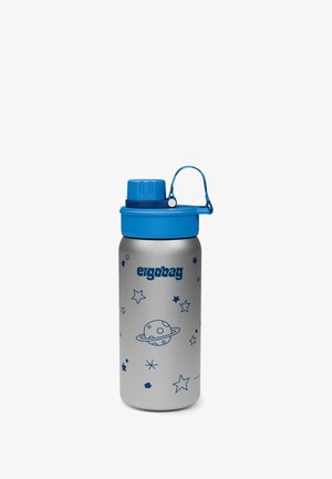 Edelstahl-Wasserflasche mit blauem Deckel, die mit weltraumthematischen Designs in Blau verziert ist. Enthält einen Traggriff und einen Schraubdeckel.