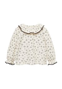 Lange mouwen blouse van crèmekleurige stof met een zwart bloemenprint, met een gerimpelde kraag en manchetten met zwarte randen.
