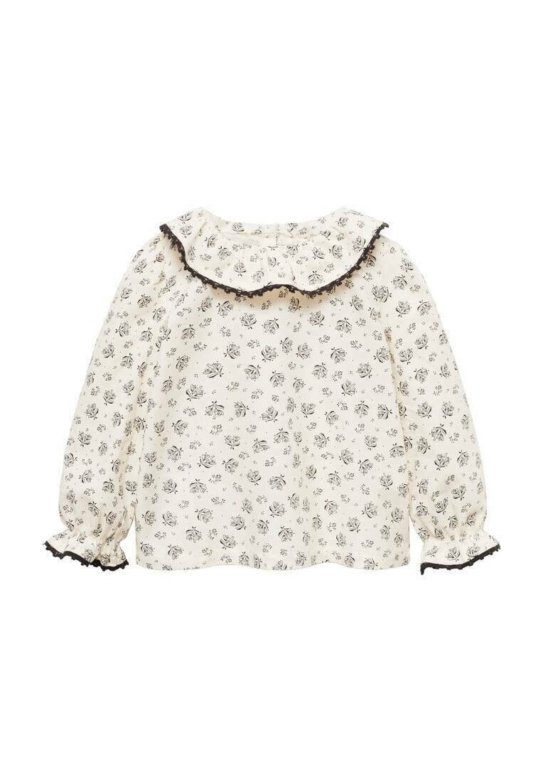 Lange mouwen blouse van crèmekleurige stof met een zwart bloemenprint, met een gerimpelde kraag en manchetten met zwarte randen.