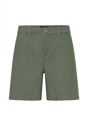 Shorts en coton vert olive avec fermeture à boutons, passants pour ceinture et couture simple, présentés à plat sur un fond blanc.